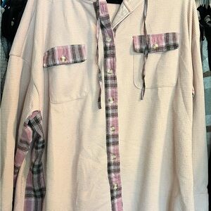 Women’s Thermal Button Down Shirt with Pink Plaid Accents and hood.